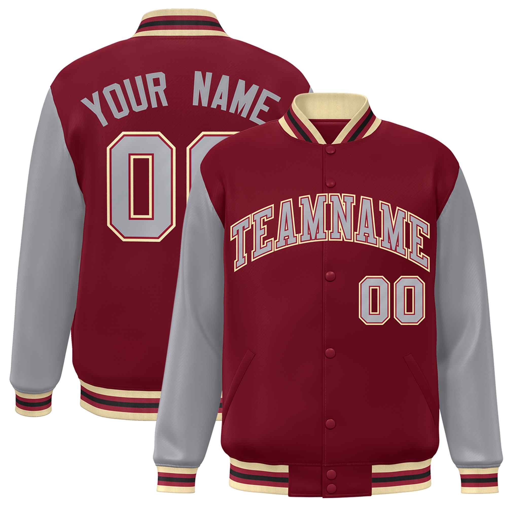 Custom Crimson Gray-Crimson Raglan Sleeves Varsity Full-Snap Letterman Jacket