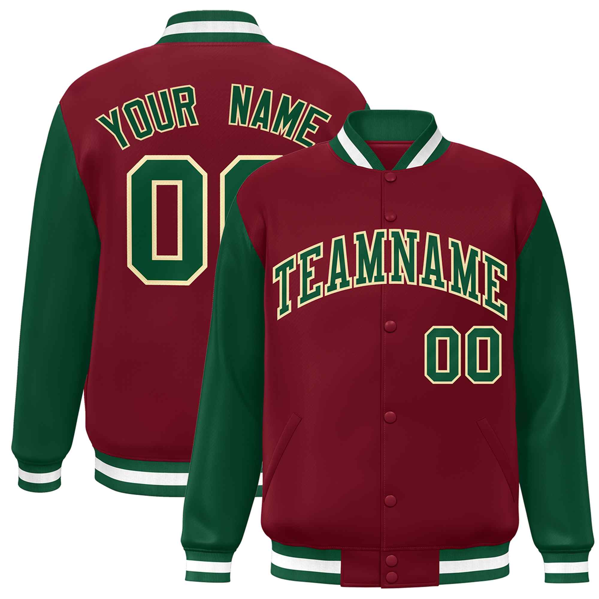 Custom Crimson Green-Khaki Raglan Sleeves Varsity Full-Snap Letterman Jacket