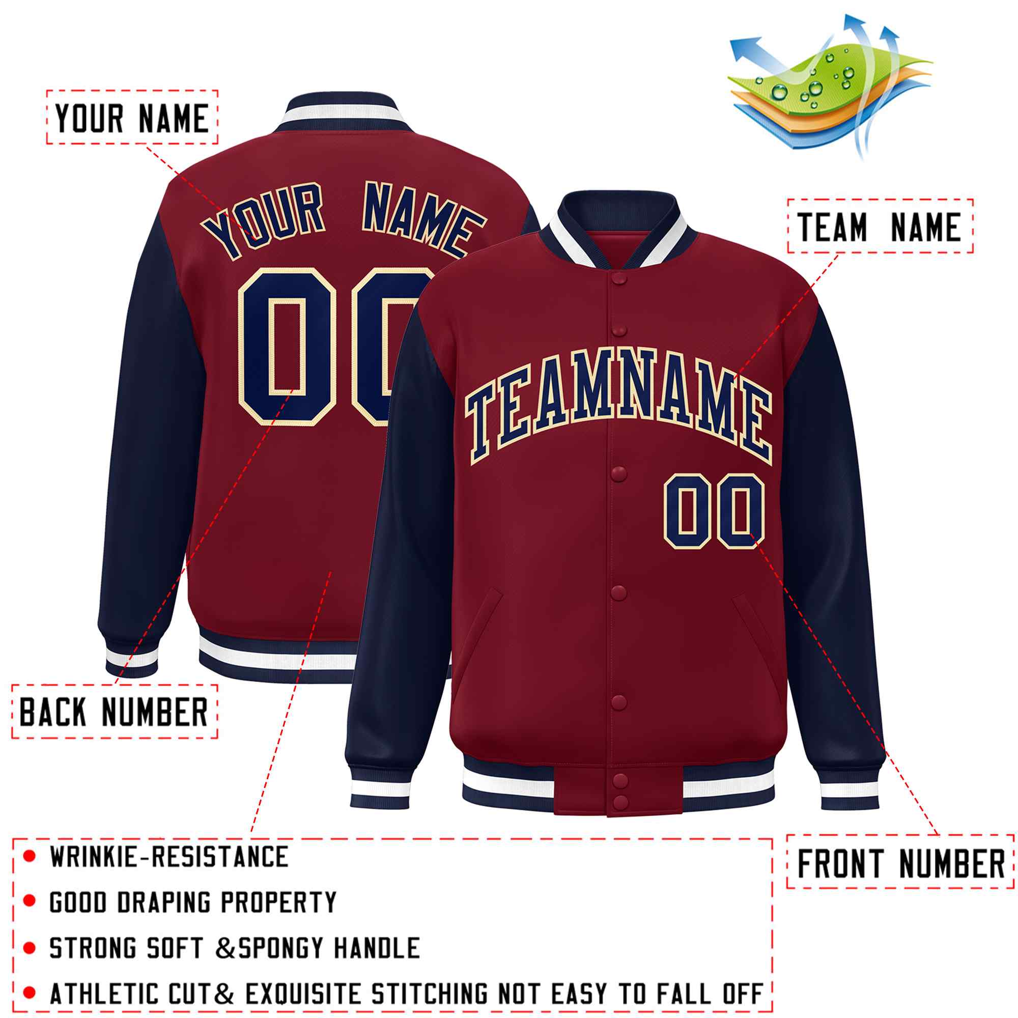 Veste Letterman Varsity Full-Snap Custom Crimson Navy-Kaki à manches raglan