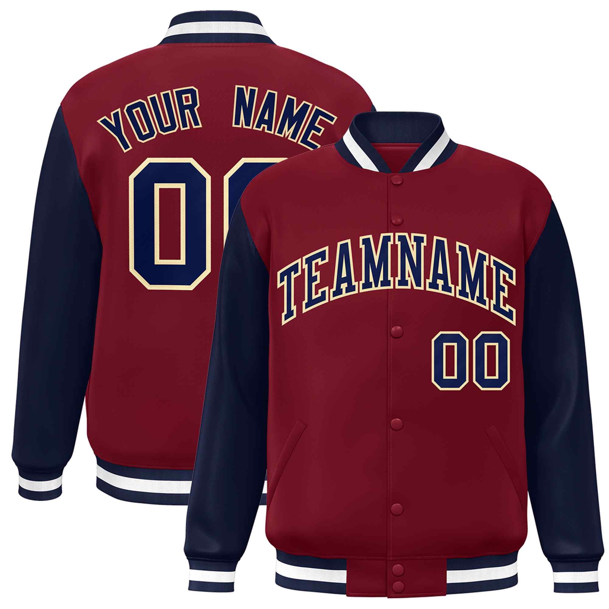 Custom Crimson Navy-Khaki Raglan Sleeves Varsity Full-Snap Letterman Jacket