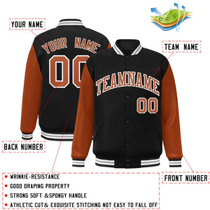 Veste Letterman Varsity Full-Snap Custom Black Texas Orange-Blanc à manches raglan