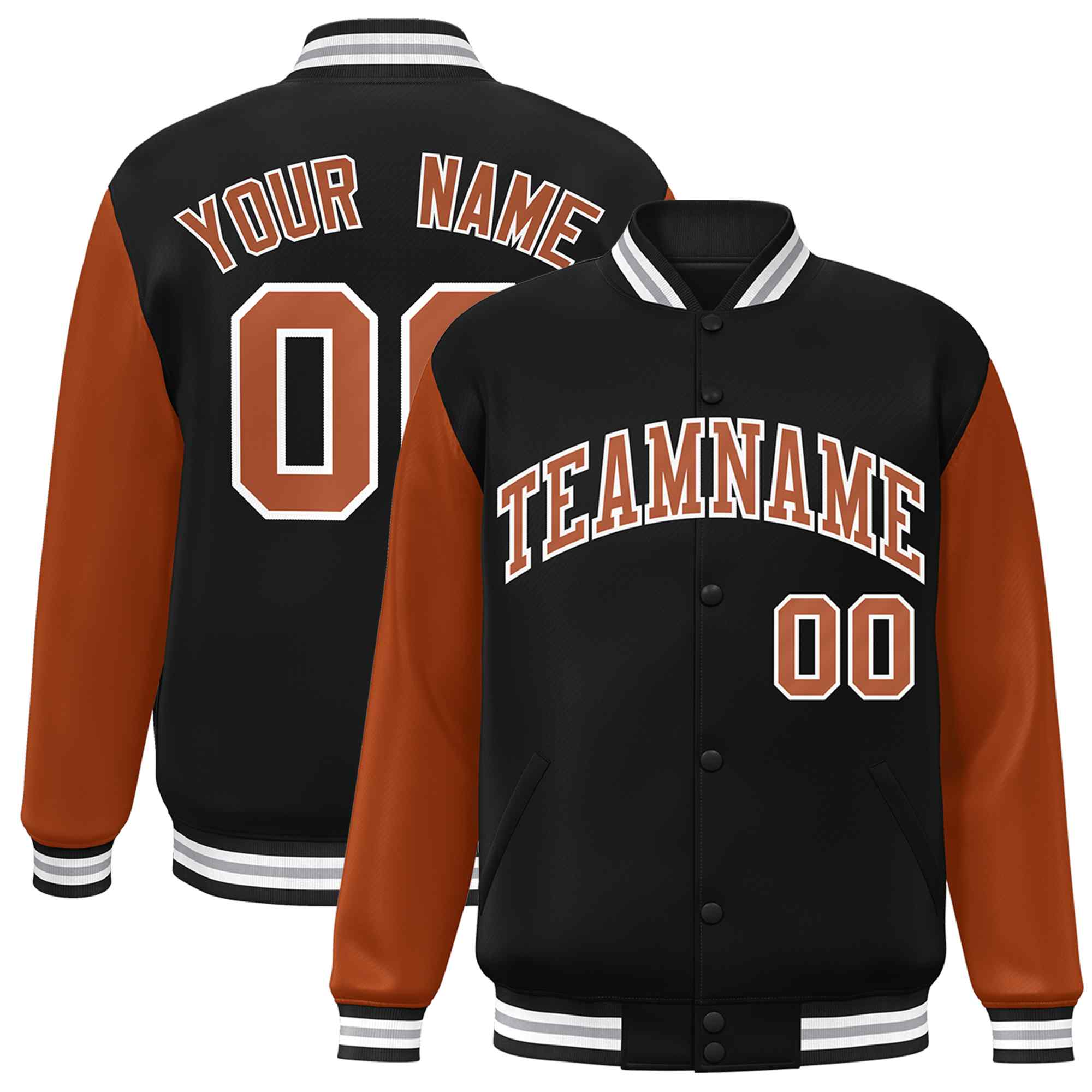 Custom Black Texas Orange-White Raglan Sleeves Varsity Full-Snap Letterman Jacket