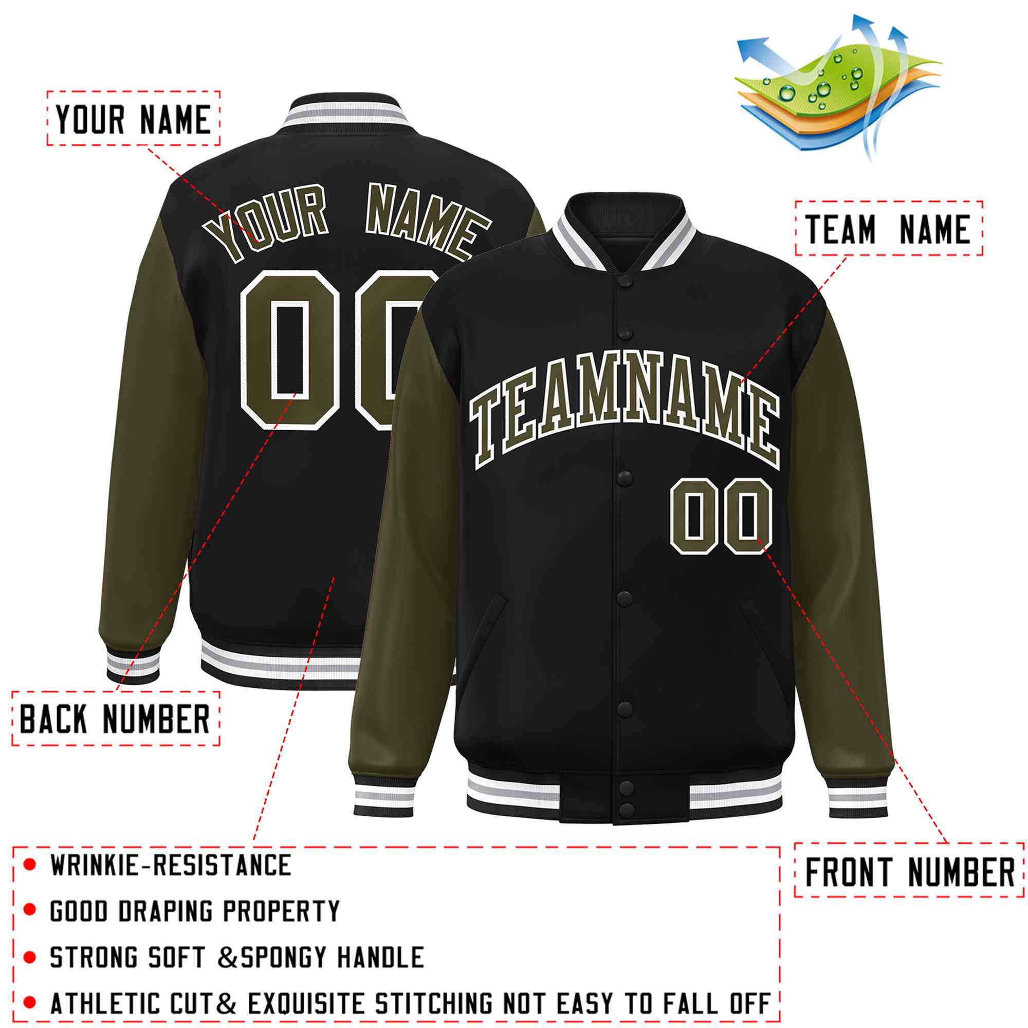 Custom Black Olive-White Raglan Sleeves Varsity Full-Snap Letterman Jacket