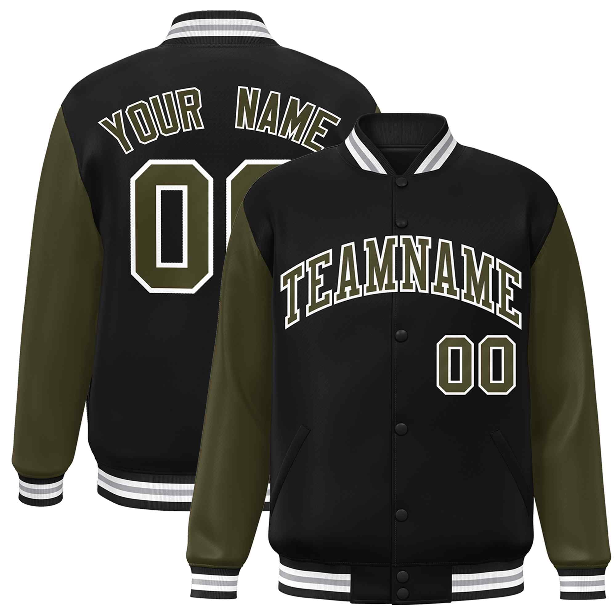 Custom Black Olive-White Raglan Sleeves Varsity Full-Snap Letterman Jacket