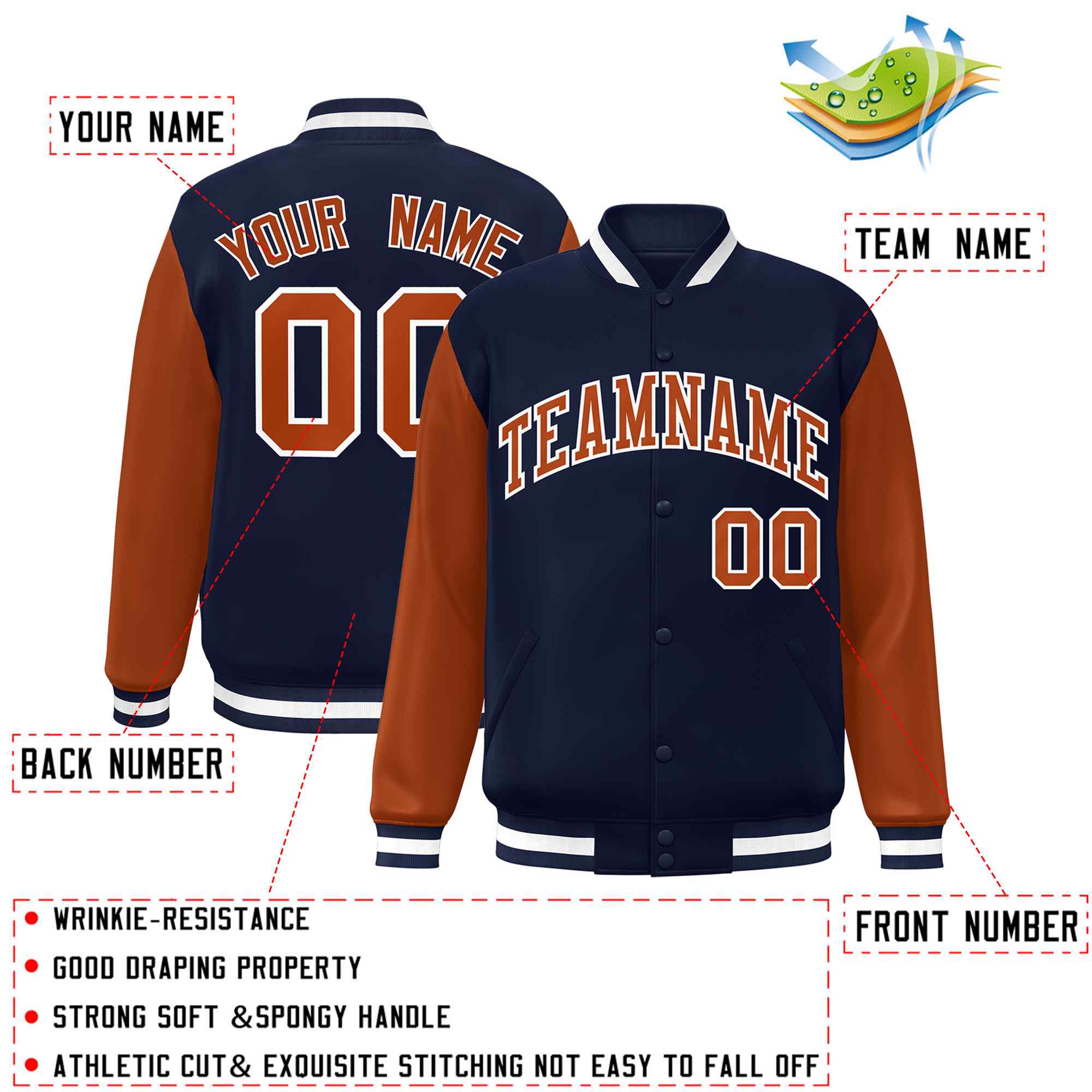 Custom Navy Texas Orange-White Raglan Sleeves Varsity Full-Snap Letterman Jacket