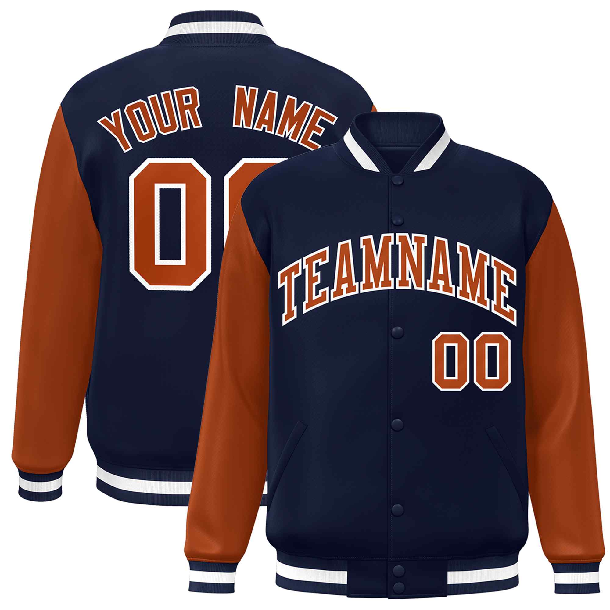 Custom Navy Texas Orange-White Raglan Sleeves Varsity Full-Snap Letterman Jacket