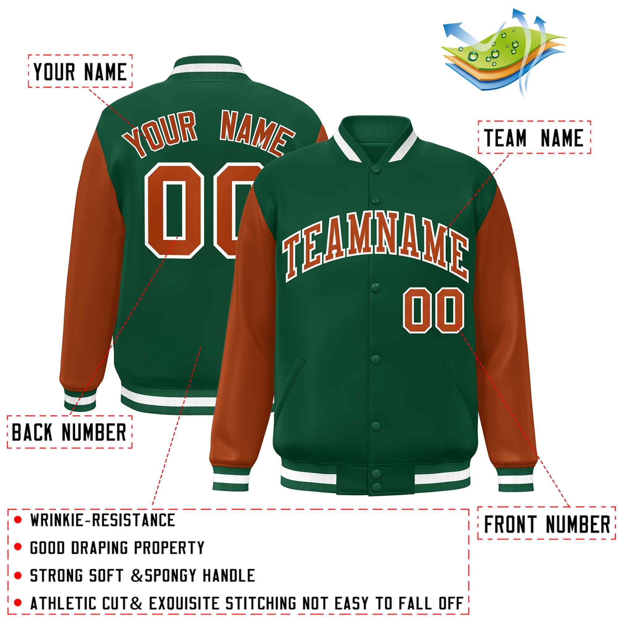 Custom Green Texas Orange-White Raglan Sleeves Varsity Full-Snap Letterman Jacket