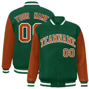 Custom Green Texas Orange-White Raglan Sleeves Varsity Full-Snap Letterman Jacket