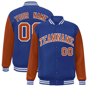 Custom Royal Texas Orange-White Raglan Sleeves Varsity Full-Snap Letterman Jacket