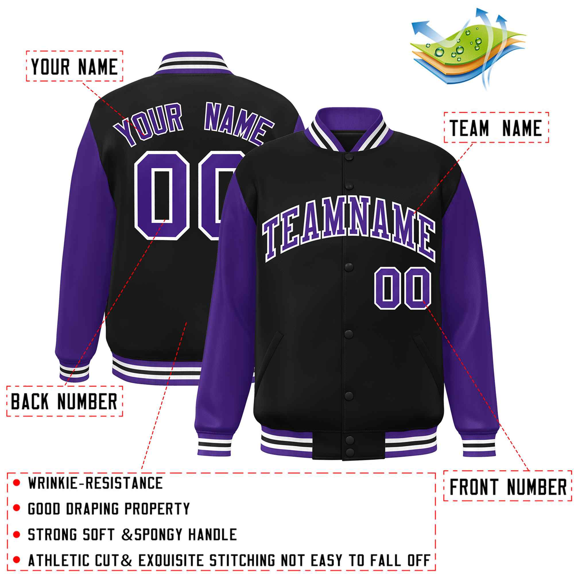 Veste Letterman Varsity Full-Snap à manches raglan personnalisées noir violet-blanc