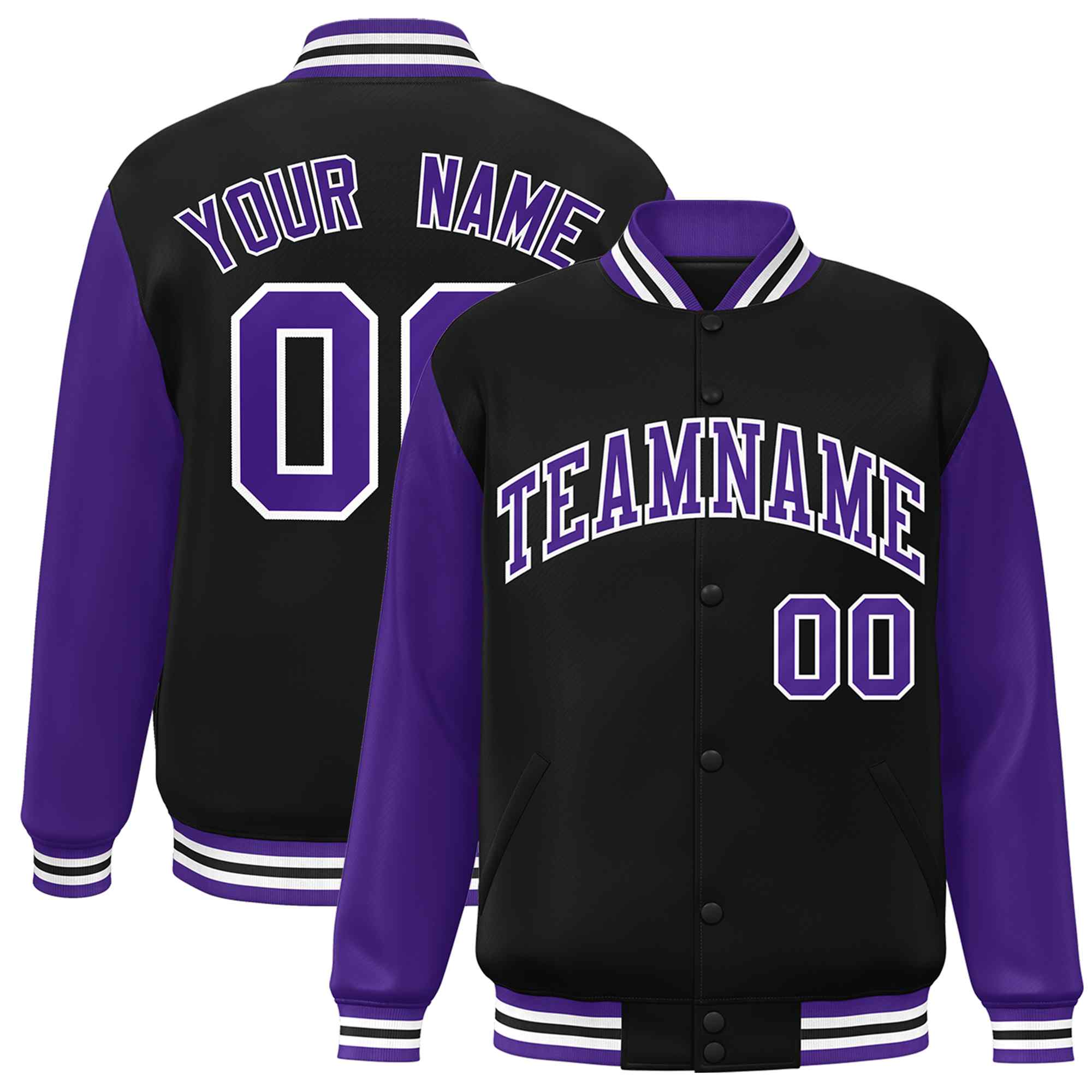 Veste Letterman Varsity Full-Snap à manches raglan personnalisées noir violet-blanc