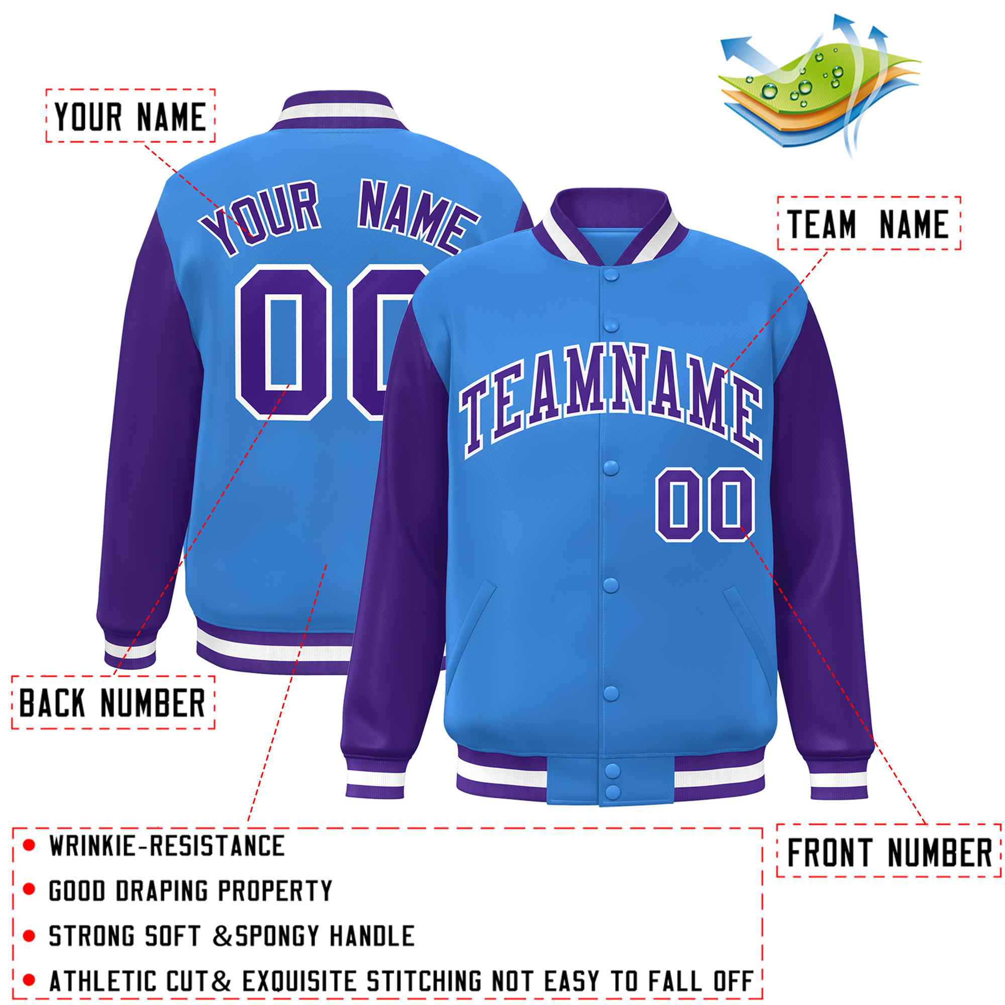 Veste Letterman Varsity Full-Snap à manches raglan bleu poudre personnalisée violet-blanc