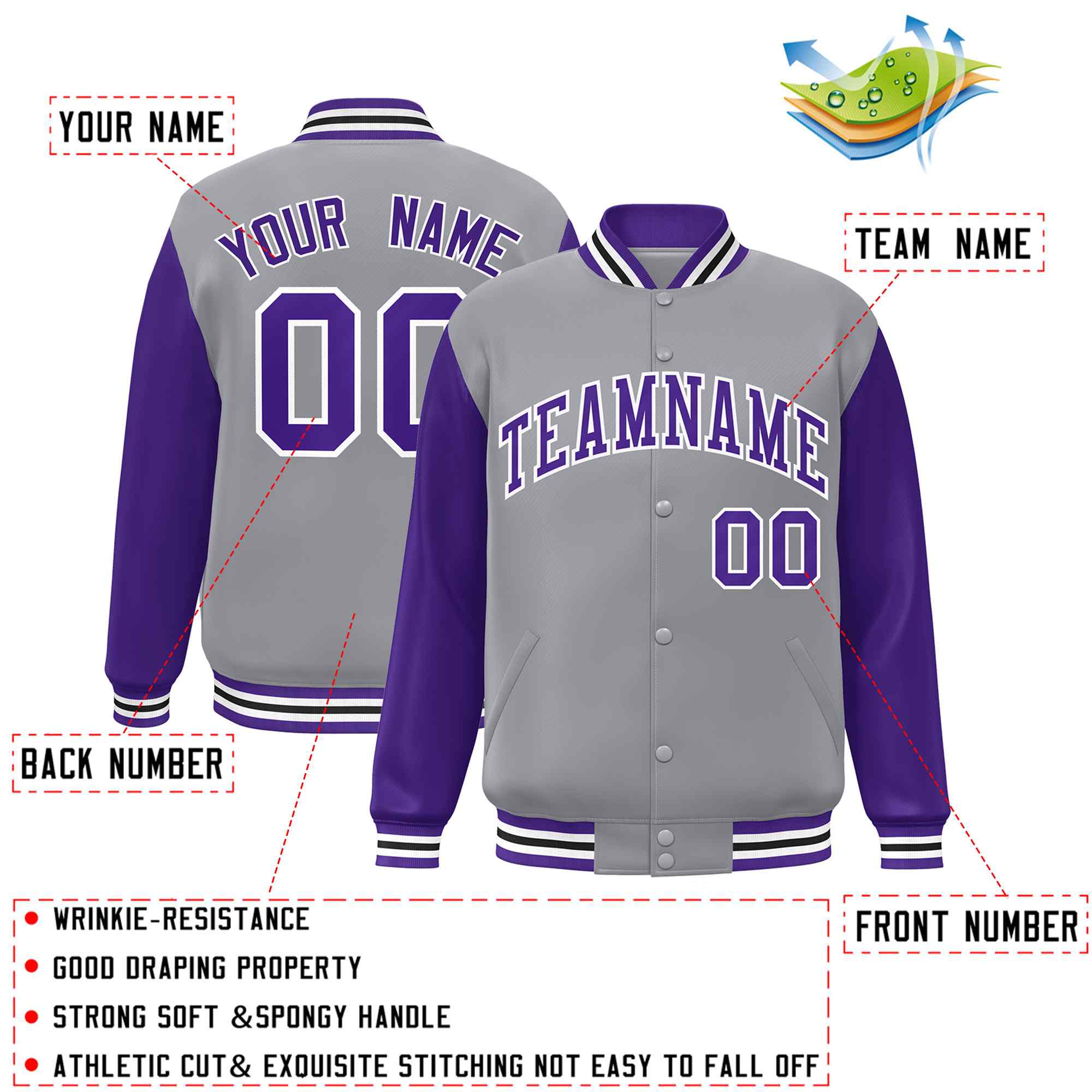 Veste Letterman Varsity Full-Snap à manches raglan gris violet-blanc personnalisée