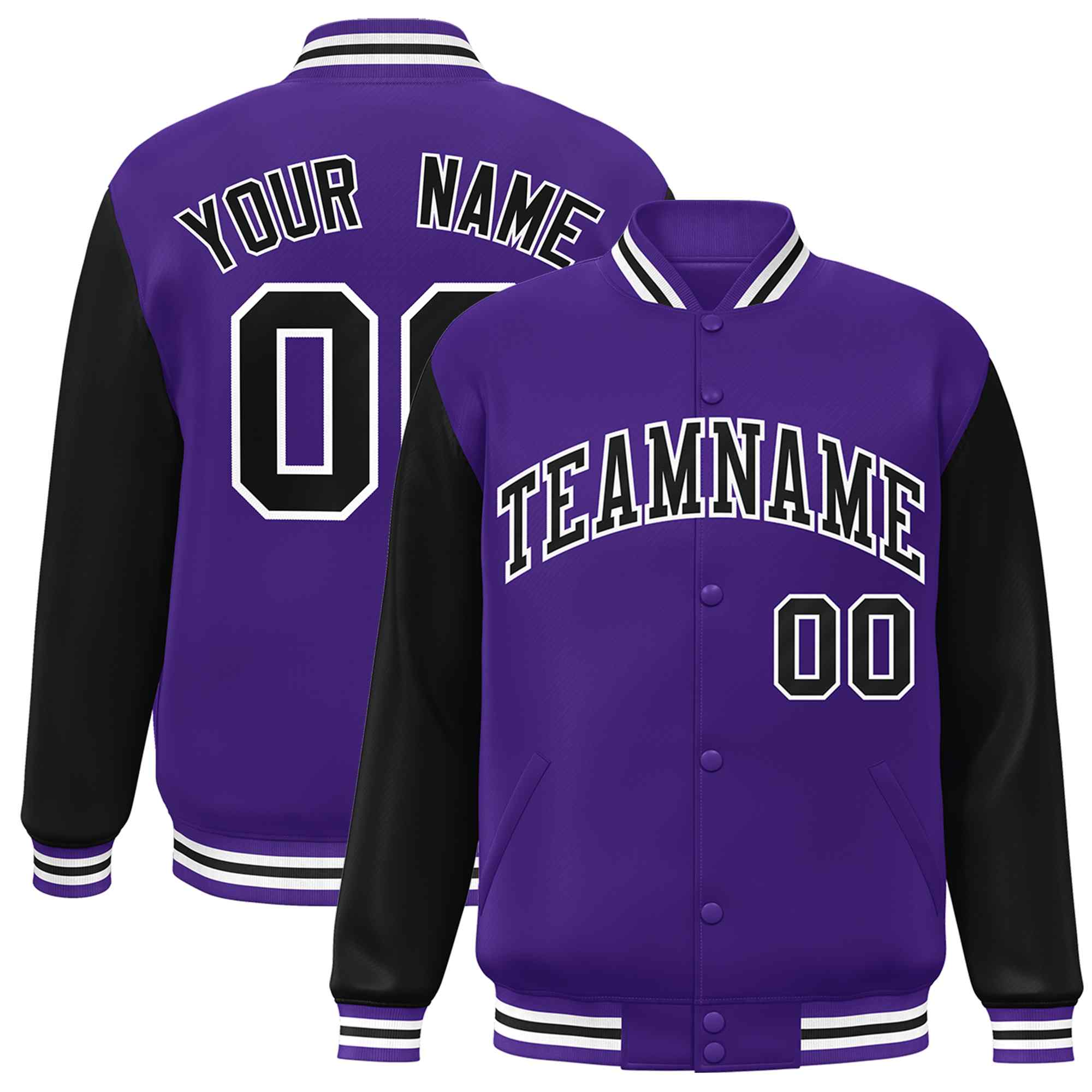 Veste Letterman Varsity Full-Snap à manches raglan violet noir-blanc personnalisée