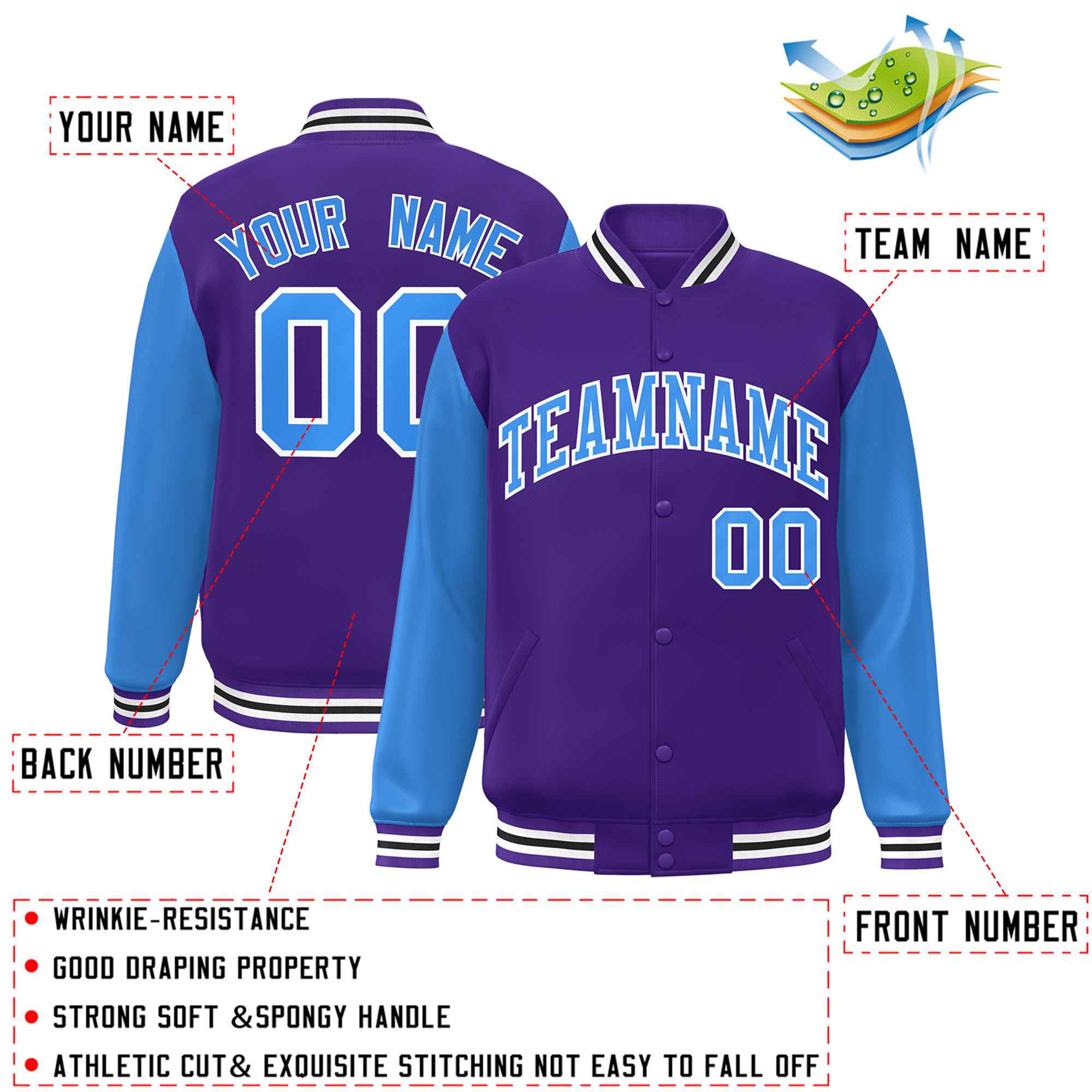 Veste Letterman Varsity Full-Snap à manches raglan bleu-blanc violet personnalisée