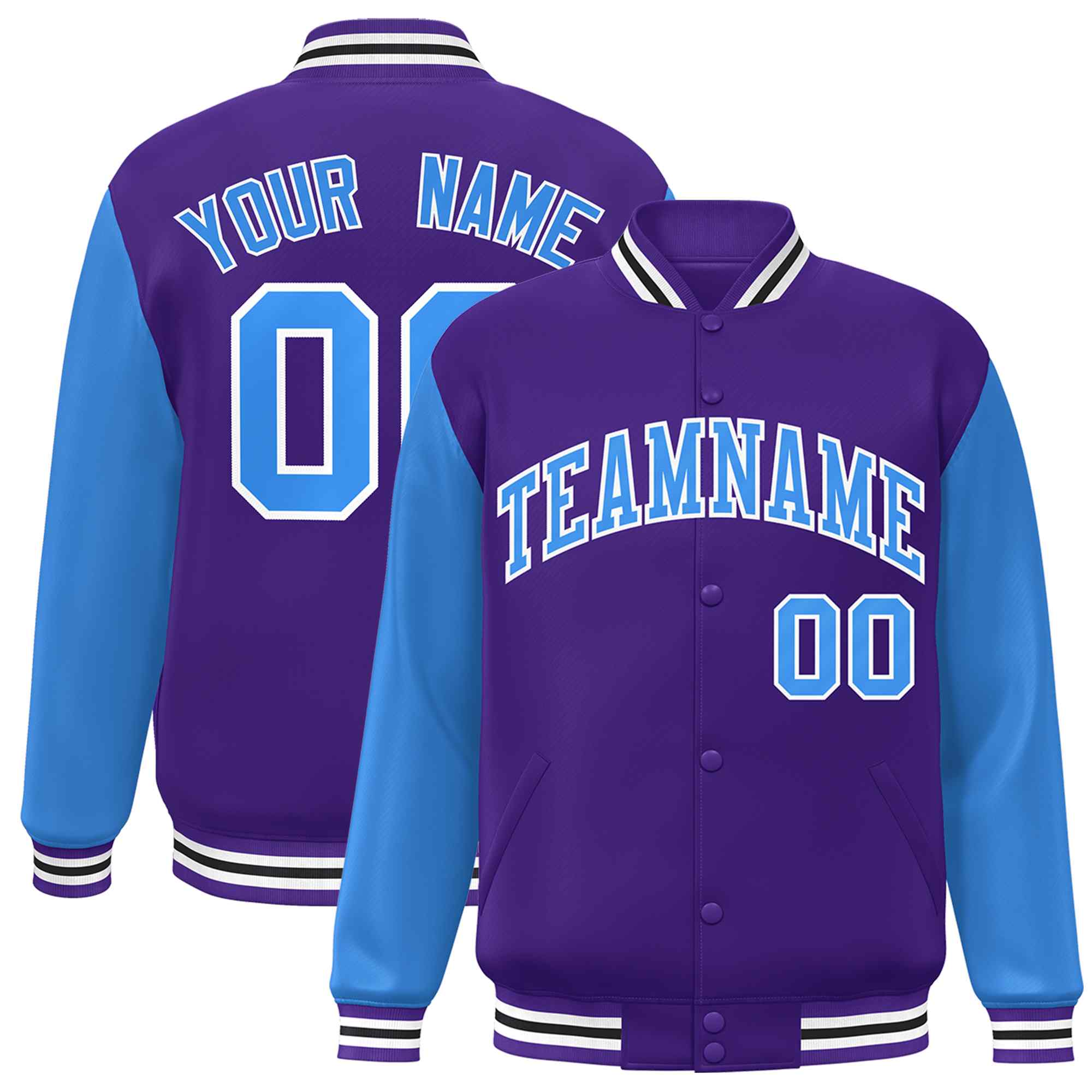 Veste Letterman Varsity Full-Snap à manches raglan bleu-blanc violet personnalisée