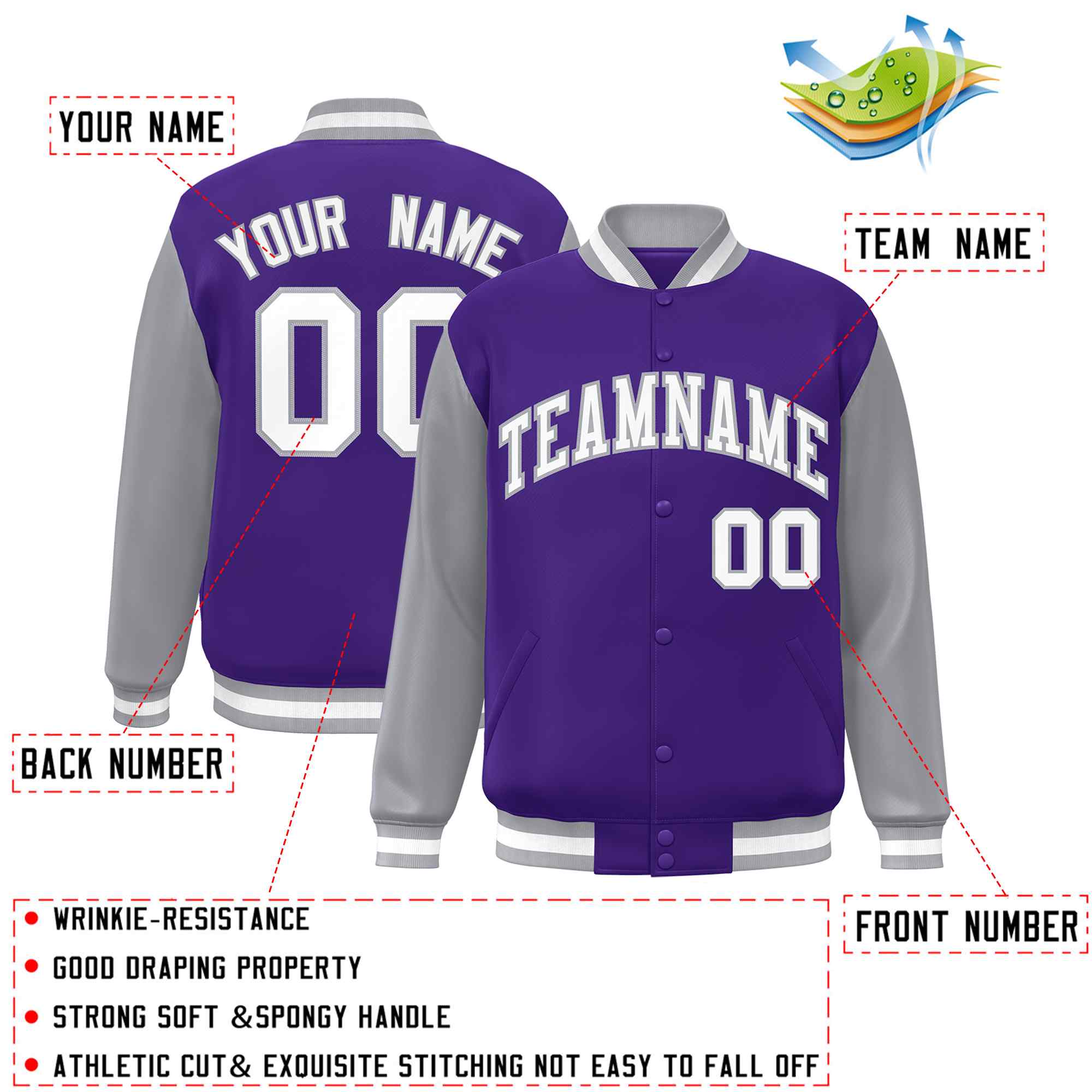 Custom Purple White-Gray Raglan Sleeves Varsity Full-Snap Letterman Jacket