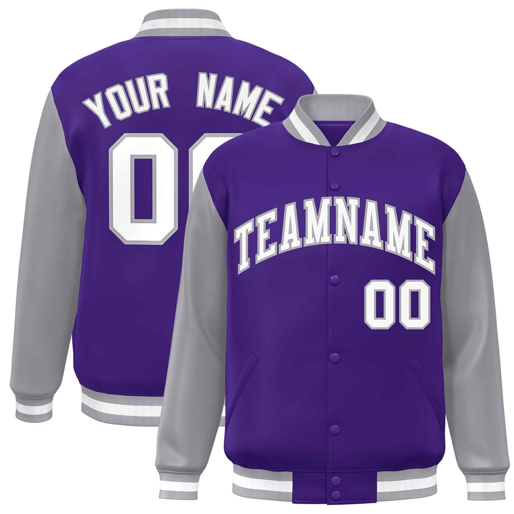 Veste Letterman Varsity Full-Snap à manches raglan personnalisées violet blanc-gris