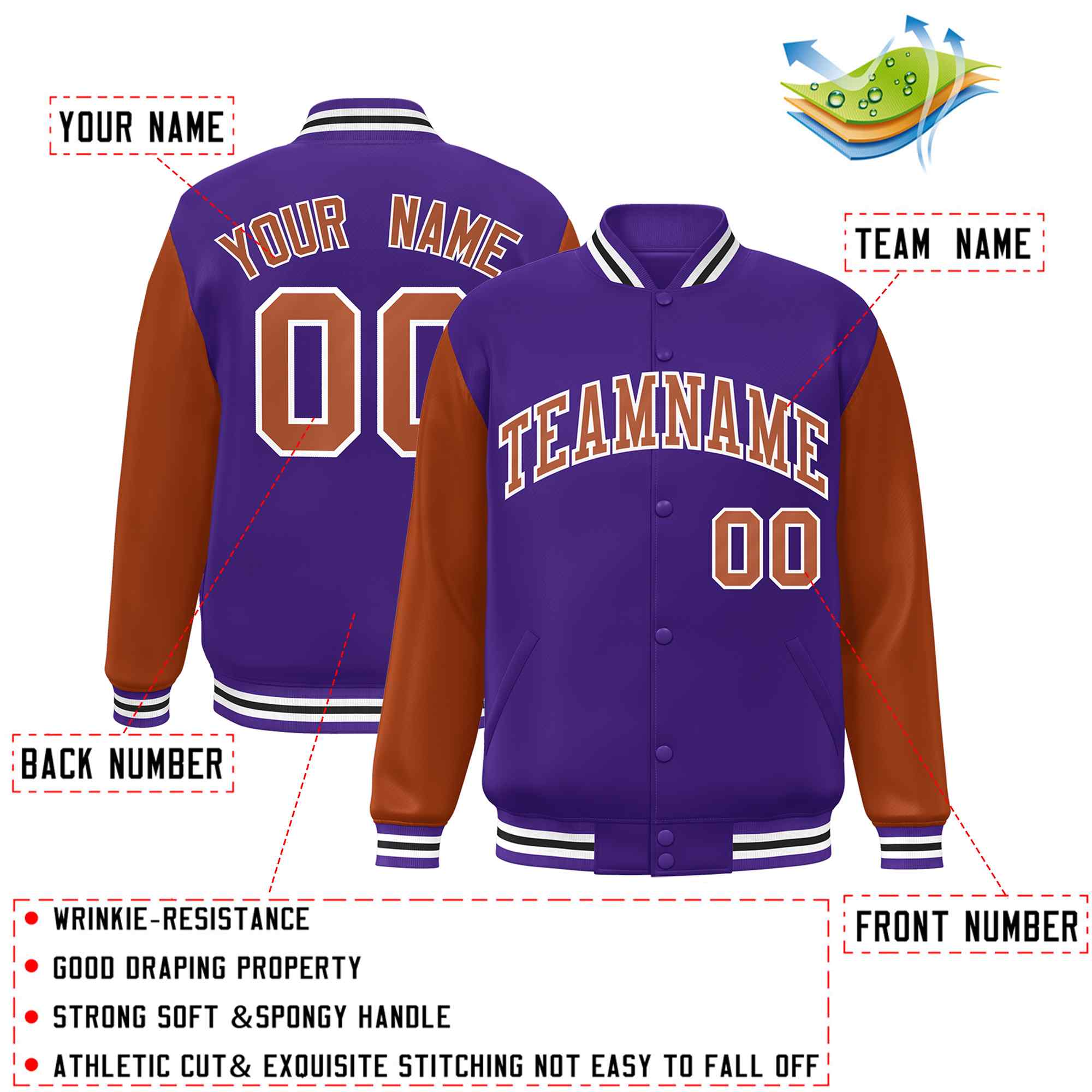 Custom Purple Texas Orange-White Raglan Sleeves Varsity Full-Snap Letterman Jacket