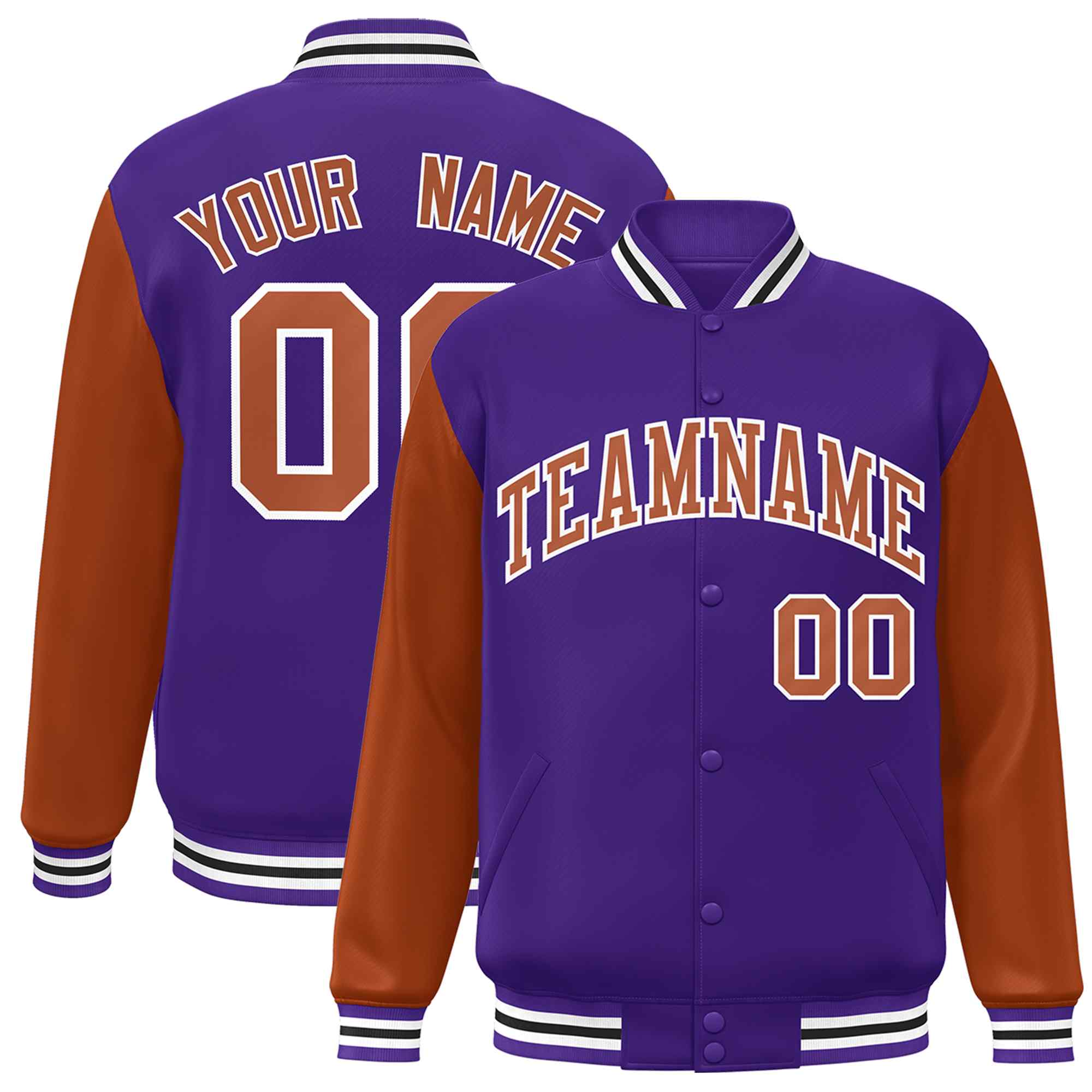 Veste Letterman universitaire à manches raglan violet Texas orange-blanc personnalisée