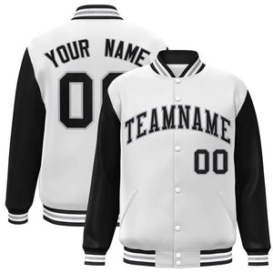 Custom White Black-Gray Raglan Sleeves Varsity Full-Snap Letterman Jacket