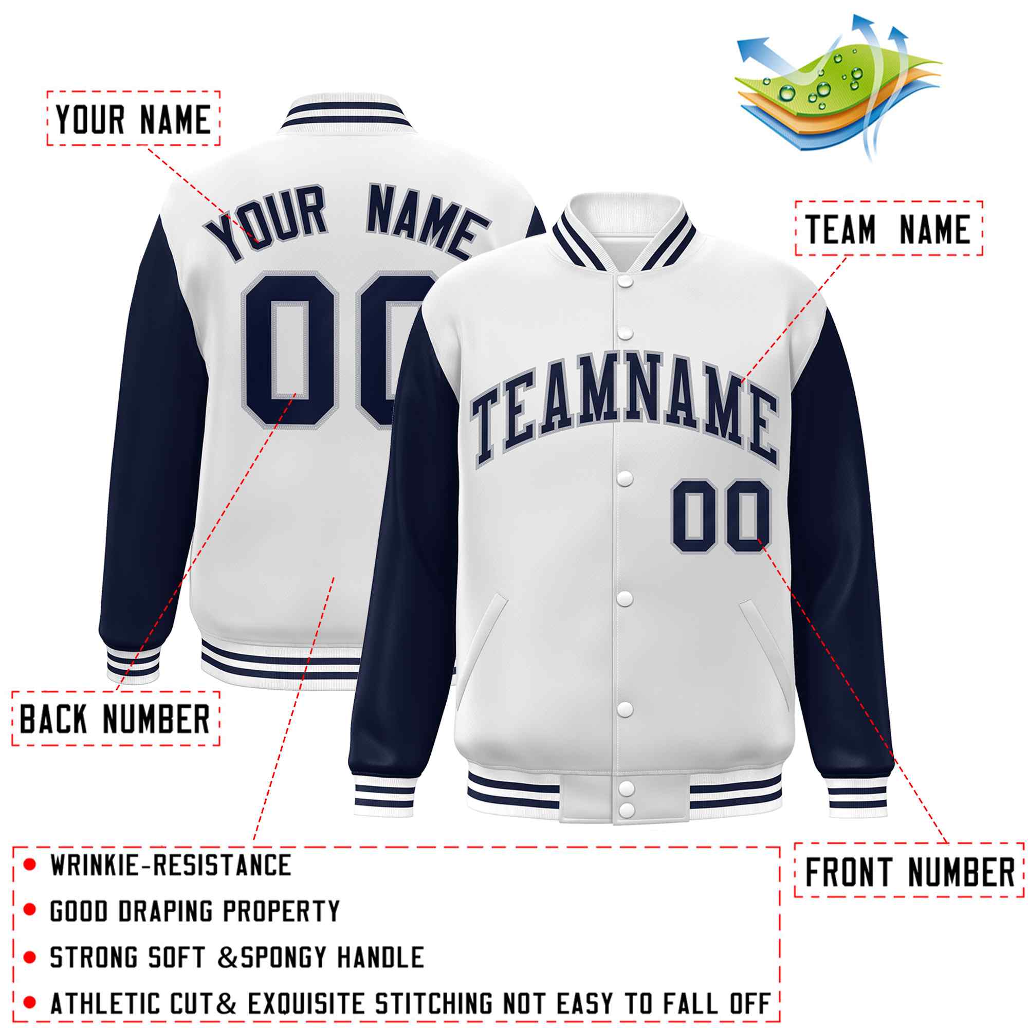 Custom White Navy-Gray Raglan Sleeves Varsity Full-Snap Letterman Jacket