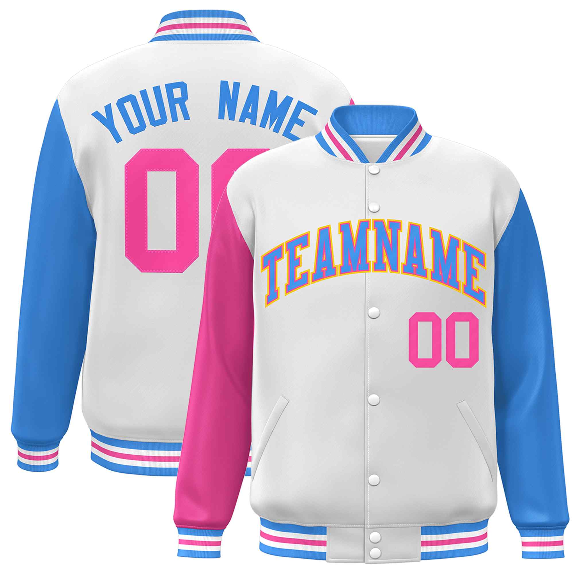 Custom White Powder Blue-Pink Raglan Sleeves Varsity Full-Snap Letterman Jacket