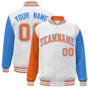 Veste Letterman Varsity Full-Snap à manches raglan blanc-orange-blanc personnalisée