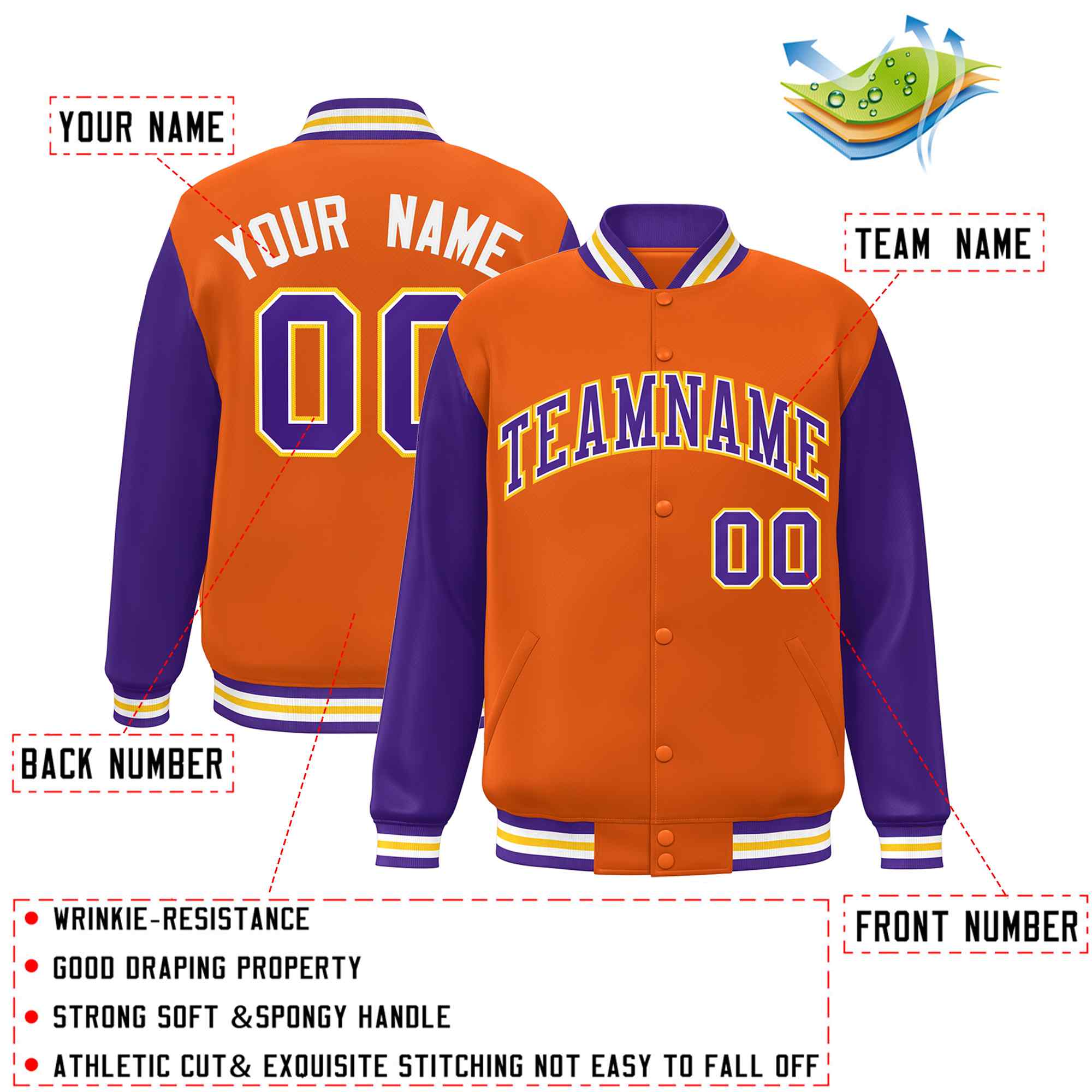 Custom Orange Purple-White Raglan Sleeves Varsity Full-Snap Letterman Jacket