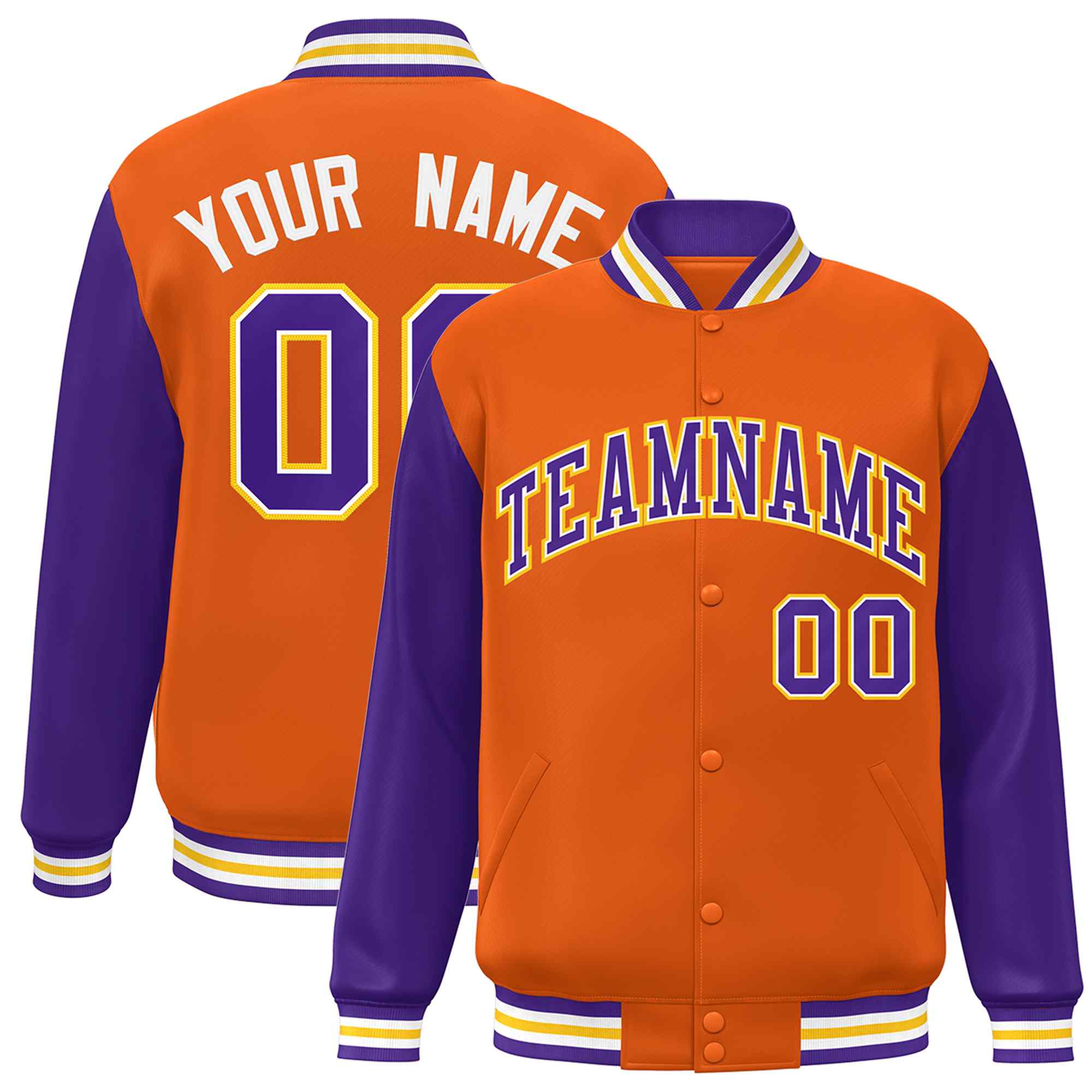 Veste Letterman Varsity Full-Snap à manches raglan orange violet-blanc personnalisée