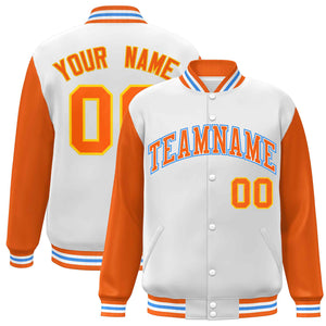 Custom White Orange-White Raglan Sleeves Varsity Full-Snap Letterman Jacket