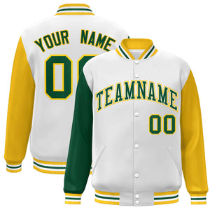 Custom White Green-White Raglan Sleeves Varsity Full-Snap Letterman Jacket