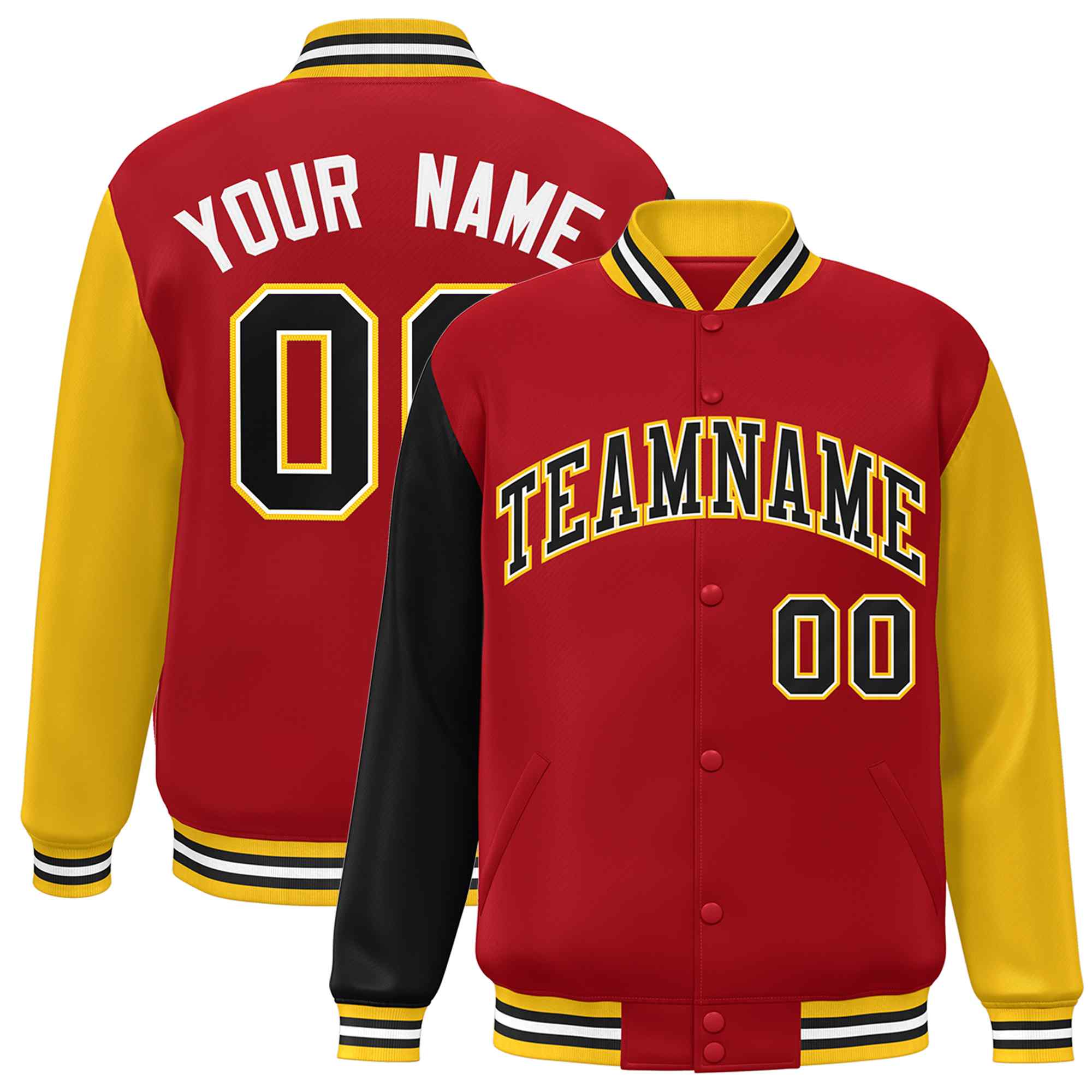 Veste Letterman Varsity Full-Snap à manches raglan rouge noir-blanc personnalisée