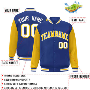 Veste Letterman Varsity à manches raglan personnalisées Royal Gold-White