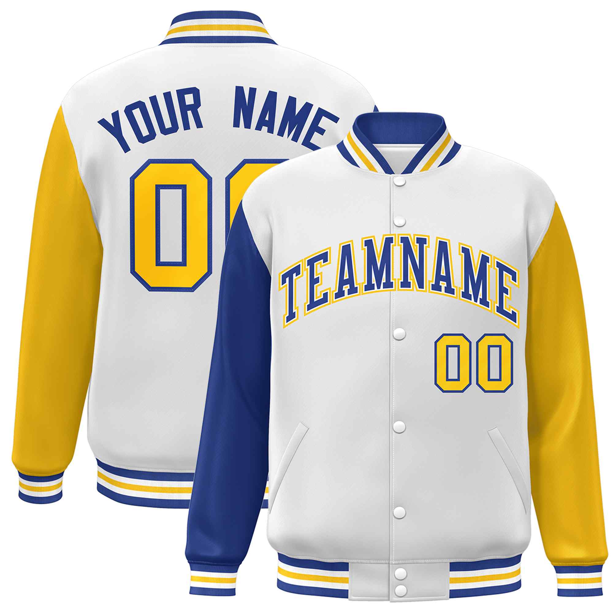 Veste Letterman Varsity Full-Snap à manches raglan blanc royal-blanc personnalisée