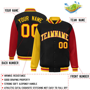 Custom Black Gold-White Raglan Sleeves Varsity Full-Snap Letterman Jacket