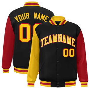 Custom Black Gold-White Raglan Sleeves Varsity Full-Snap Letterman Jacket