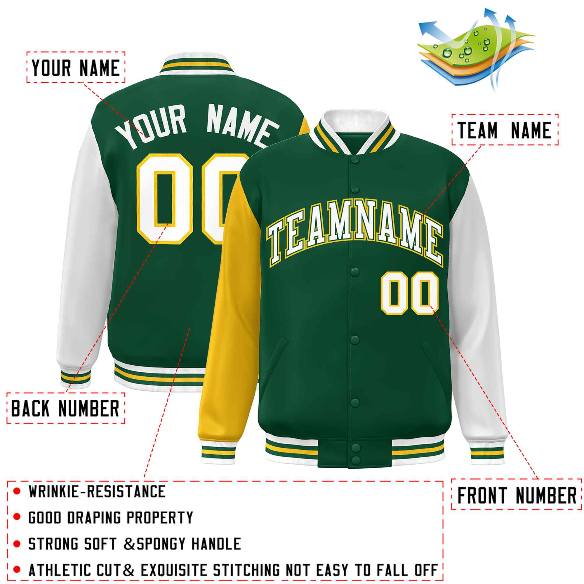 Veste Letterman Varsity Full-Snap à manches raglan vert blanc-vert personnalisée