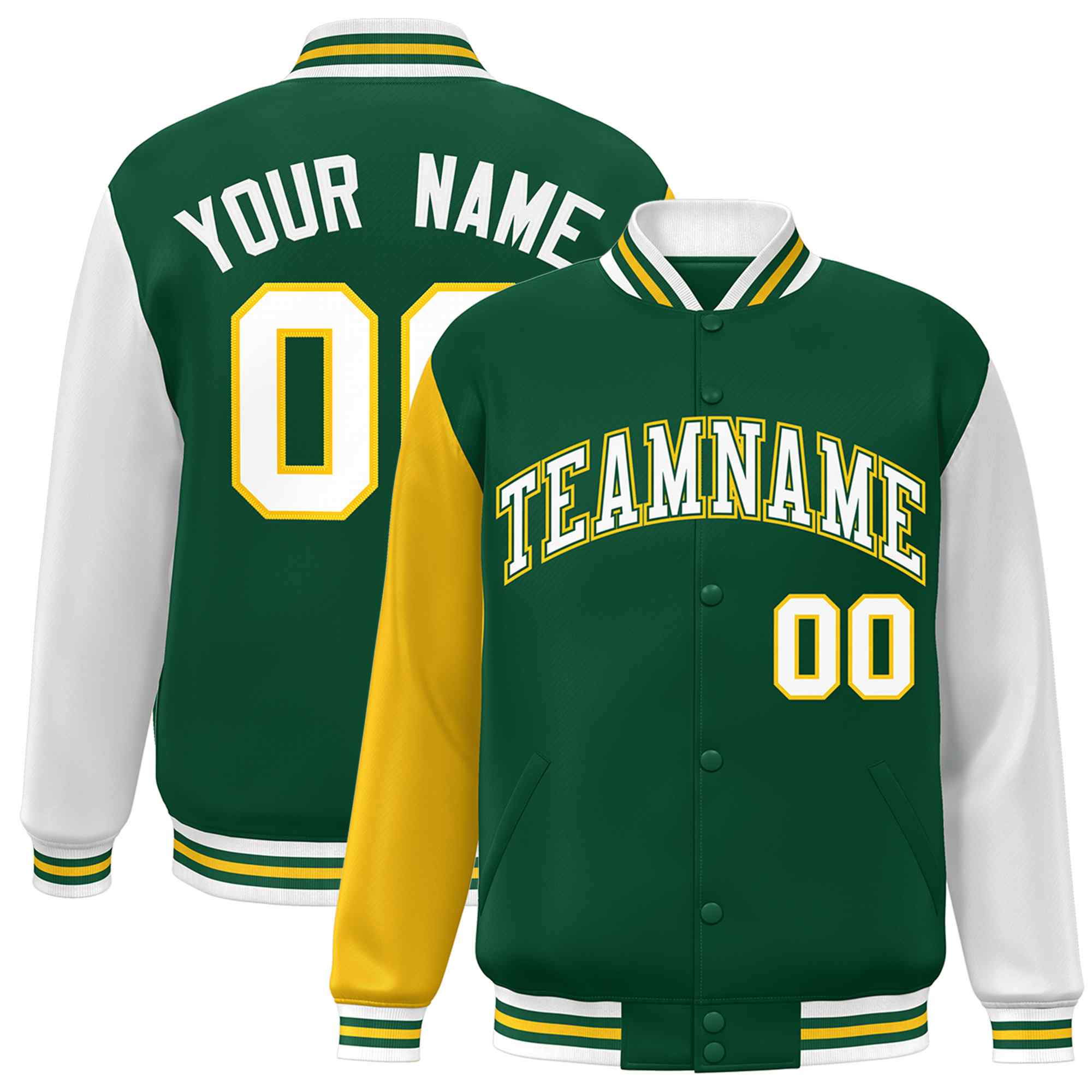 Veste Letterman Varsity Full-Snap à manches raglan vert blanc-vert personnalisée