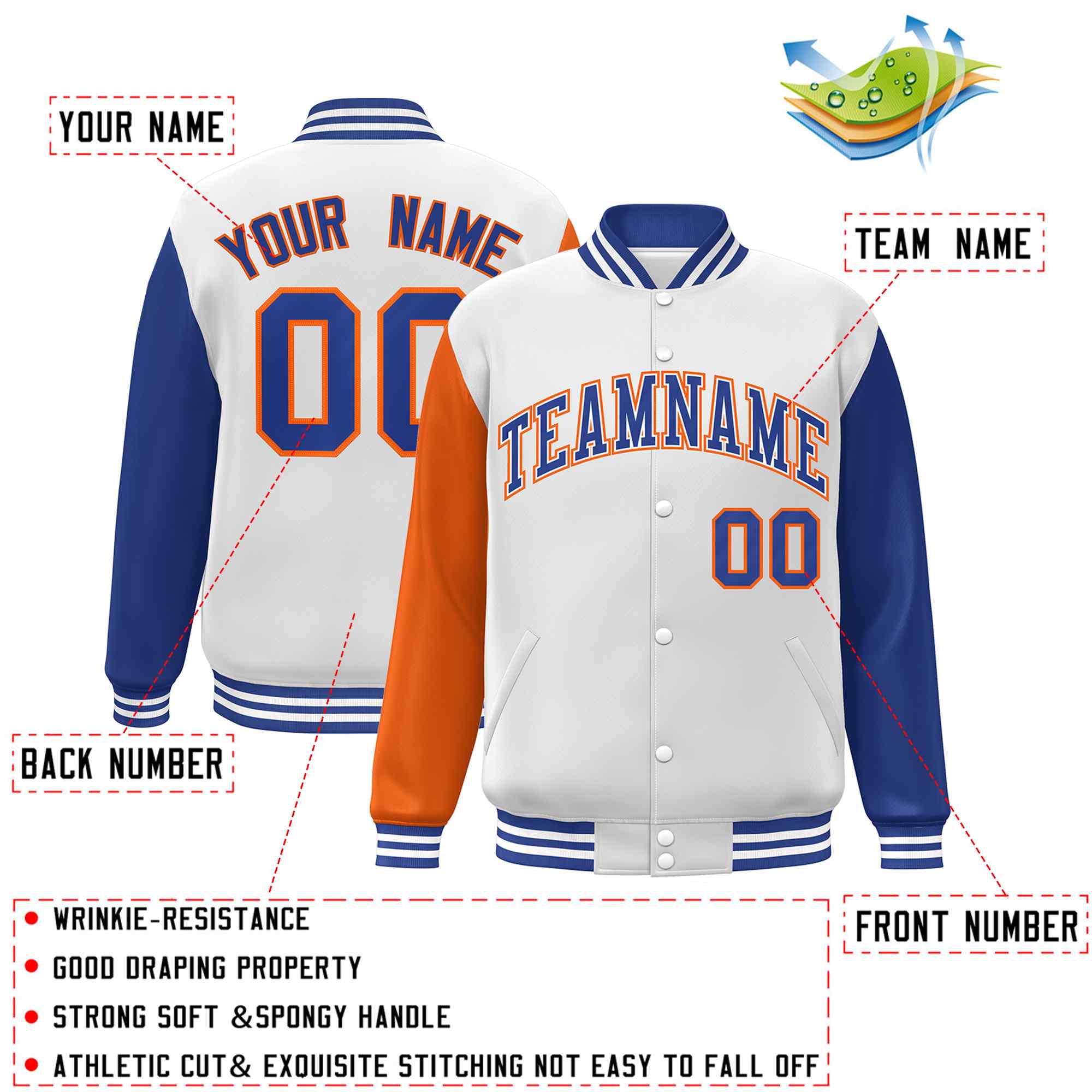 Custom White Royal-Orange Raglan Sleeves Varsity Full-Snap Letterman Jacket