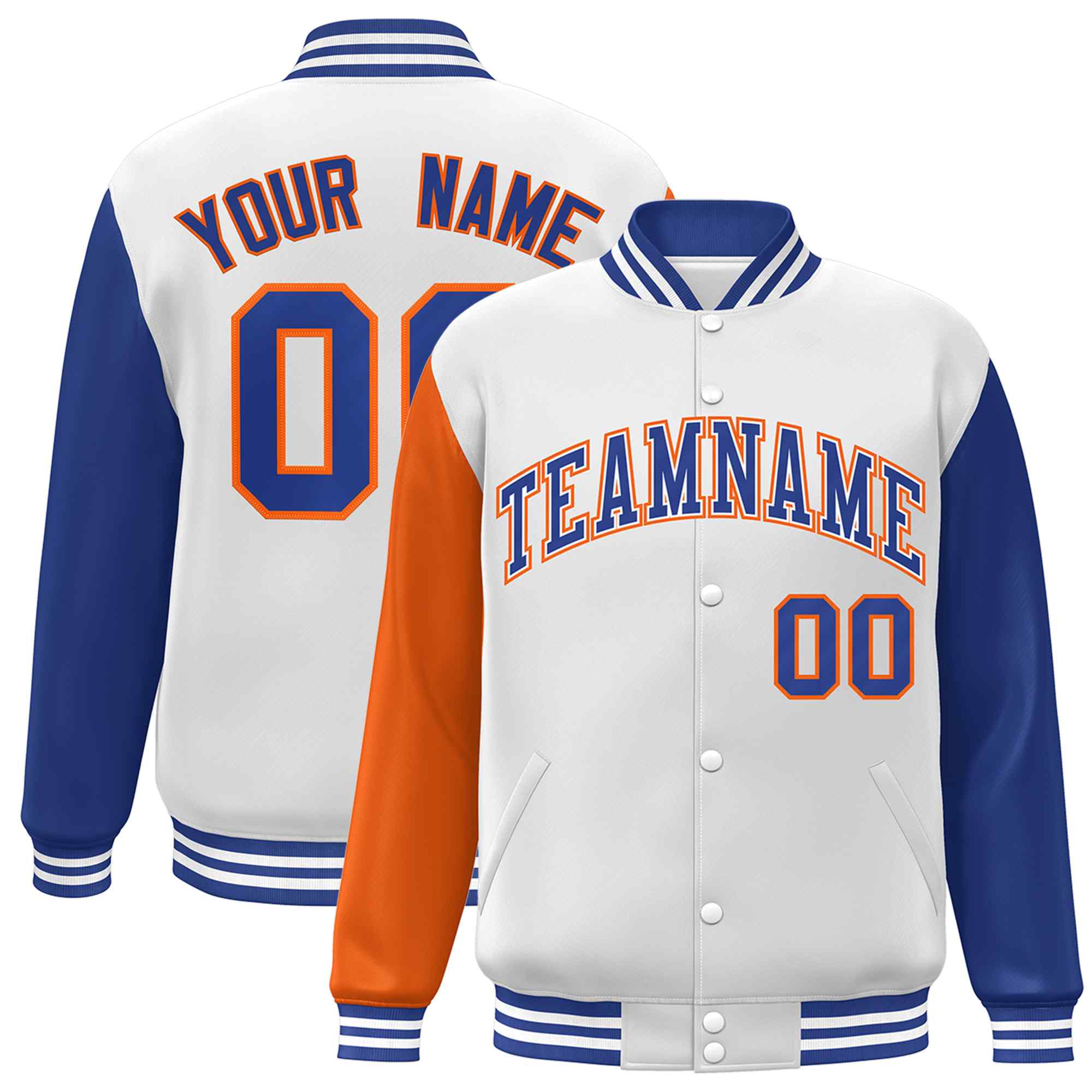 Custom White Royal-Orange Raglan Sleeves Varsity Full-Snap Letterman Jacket