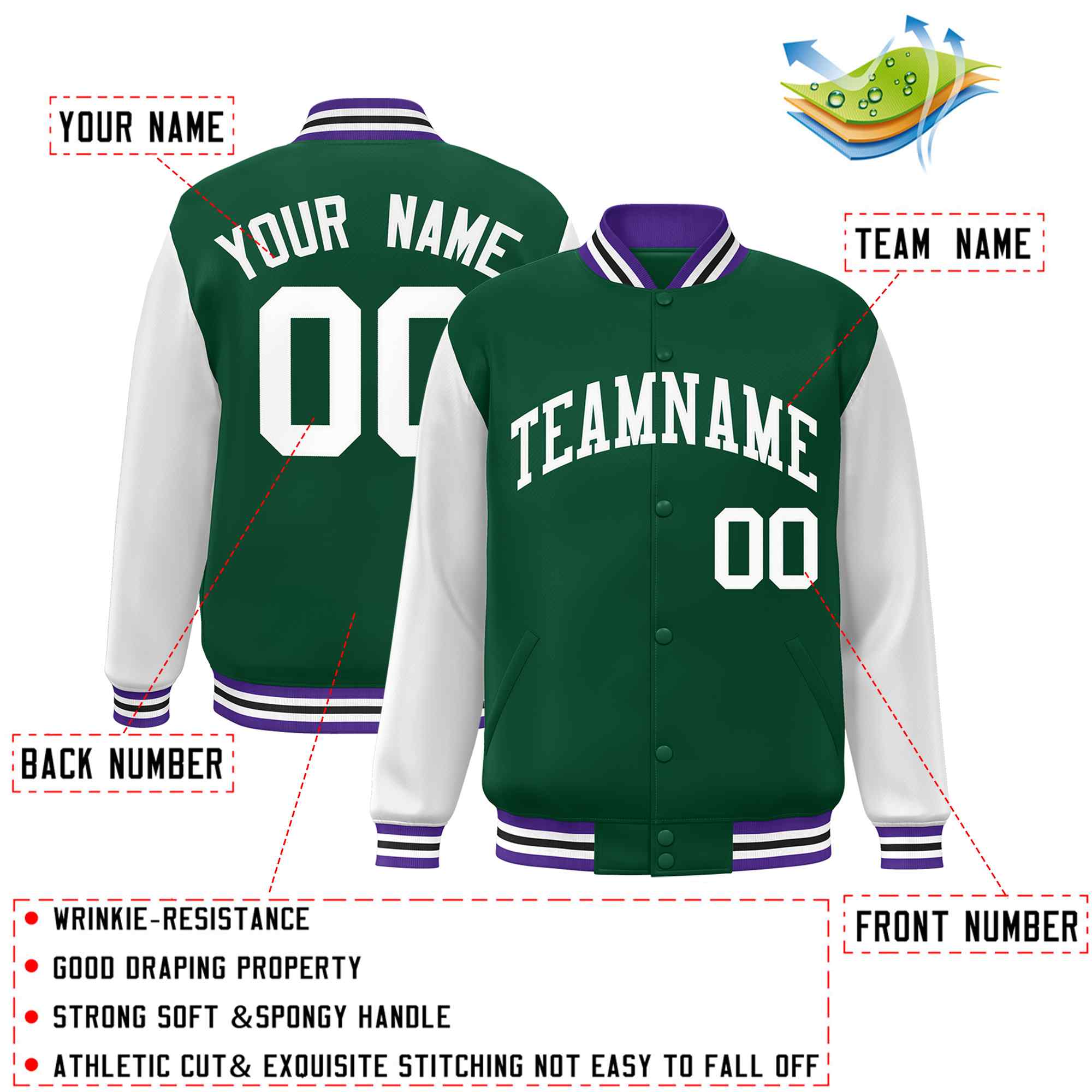 Custom Green White Raglan Sleeves Varsity Full-Snap Letterman Jacket