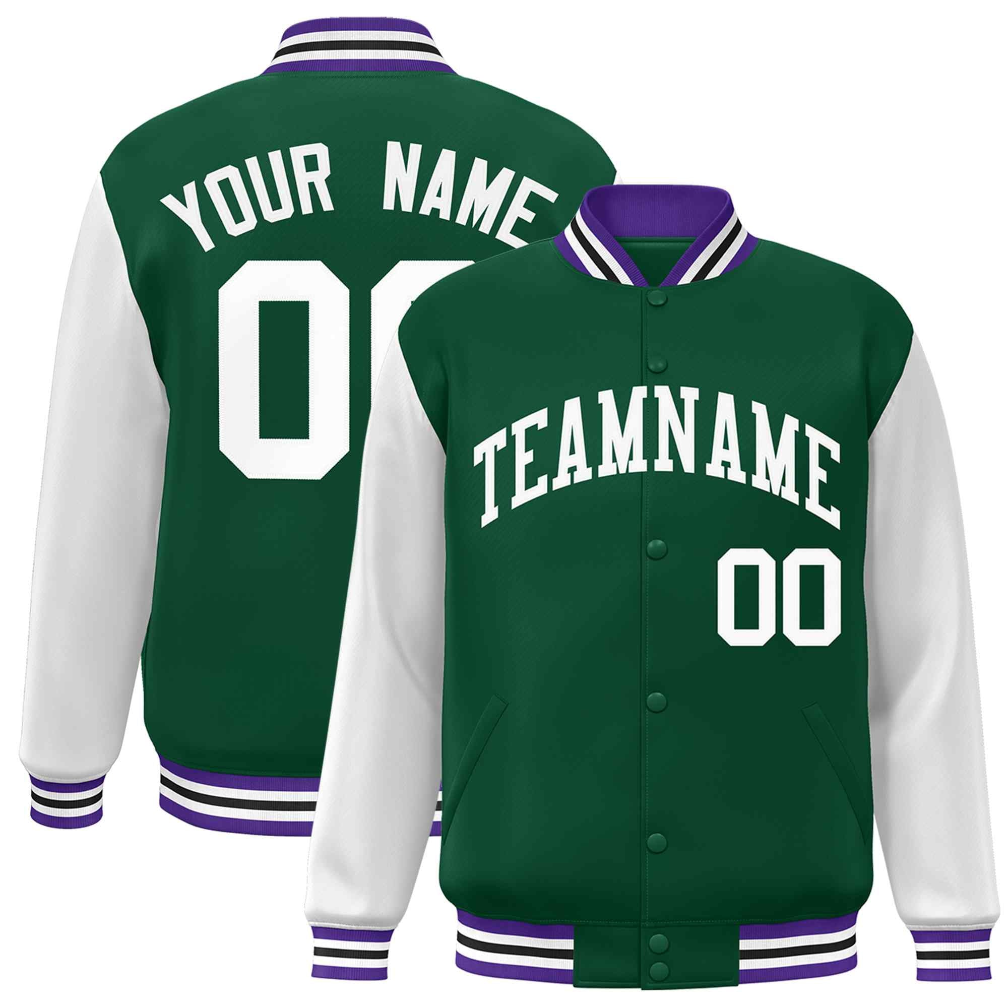 Custom Green White Raglan Sleeves Varsity Full-Snap Letterman Jacket