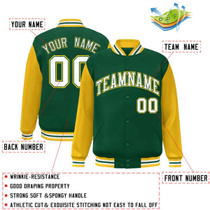 Veste Letterman Varsity Full-Snap à manches raglan vert blanc-vert personnalisée