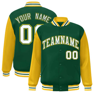 Veste Letterman Varsity Full-Snap à manches raglan vert blanc-vert personnalisée