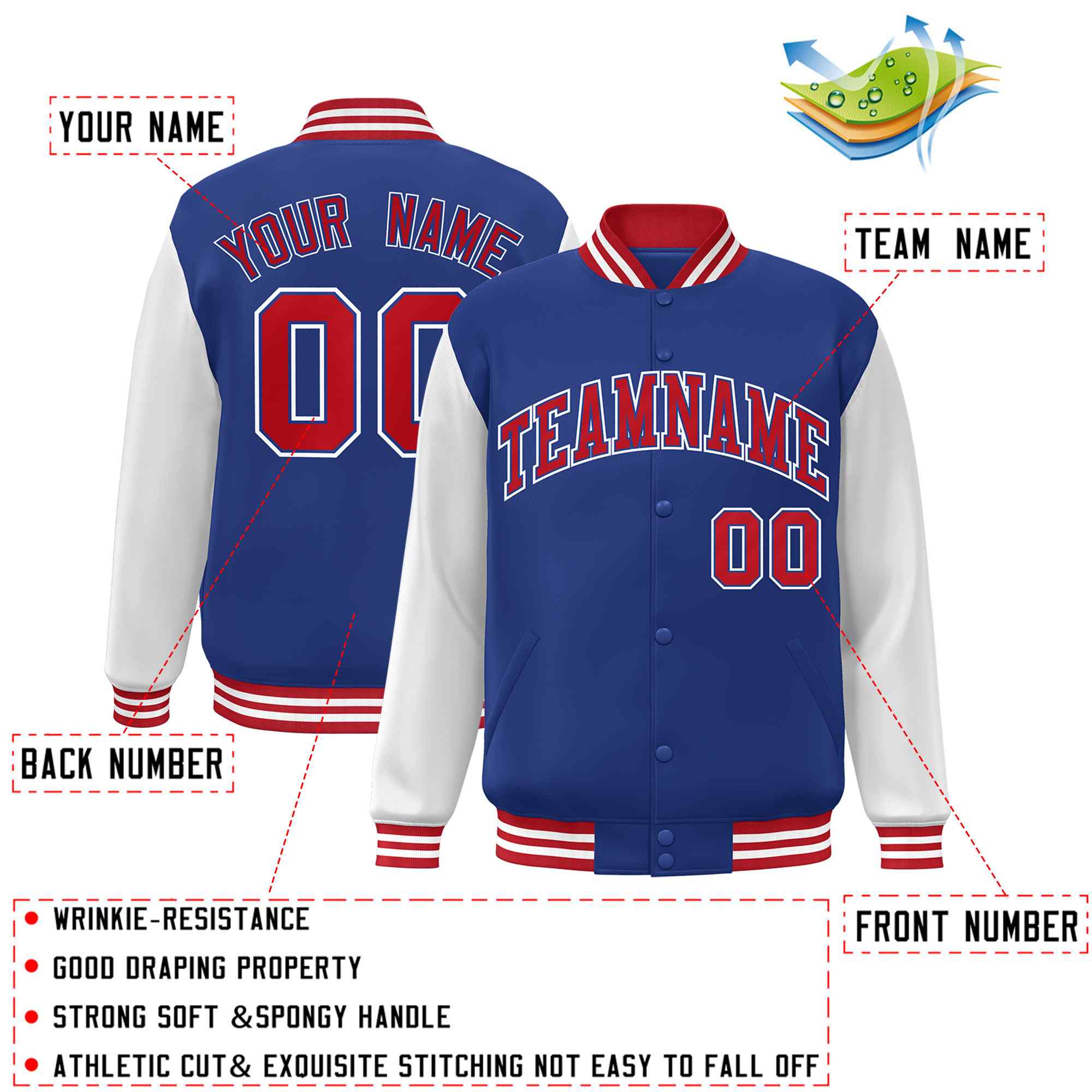 Veste Letterman Varsity Full-Snap Custom Royal Red-Royal Raglan Sleeves