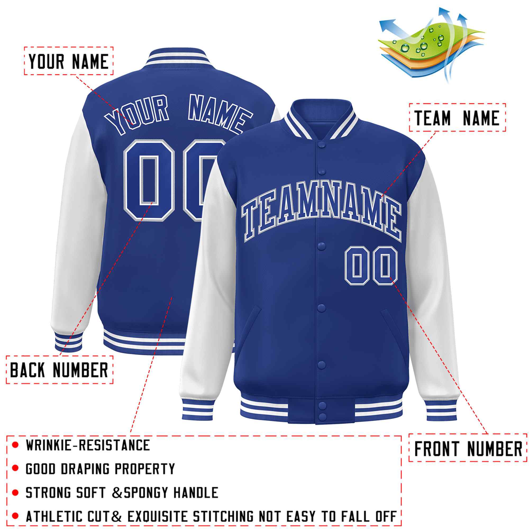 Veste Letterman Varsity à manches raglan Royal Royal-White personnalisée