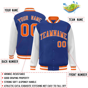 Custom Royal Orange-White Raglan Sleeves Varsity Full-Snap Letterman Jacket