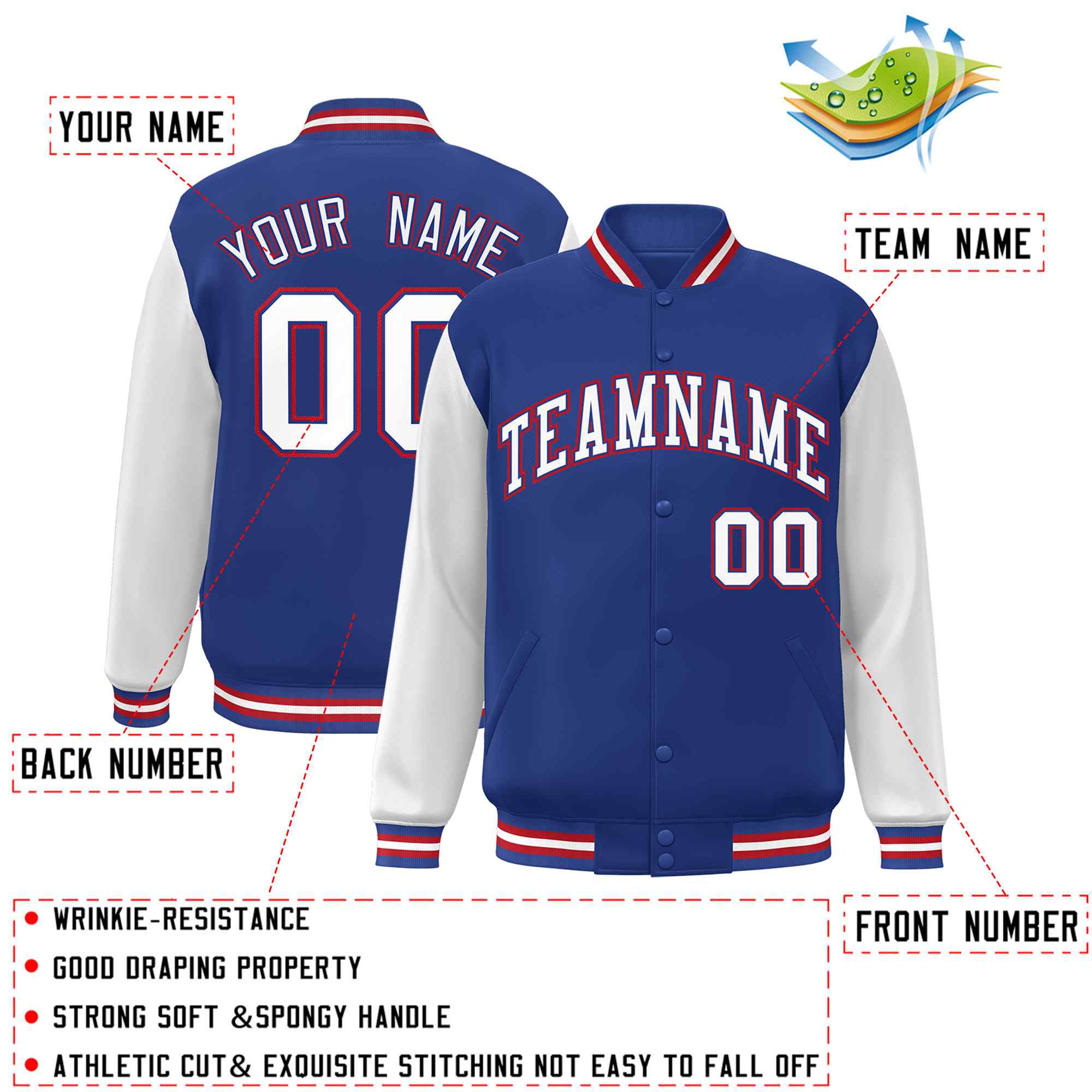 Custom Royal White-Royal Raglan Sleeves Varsity Full-Snap Letterman Jacket