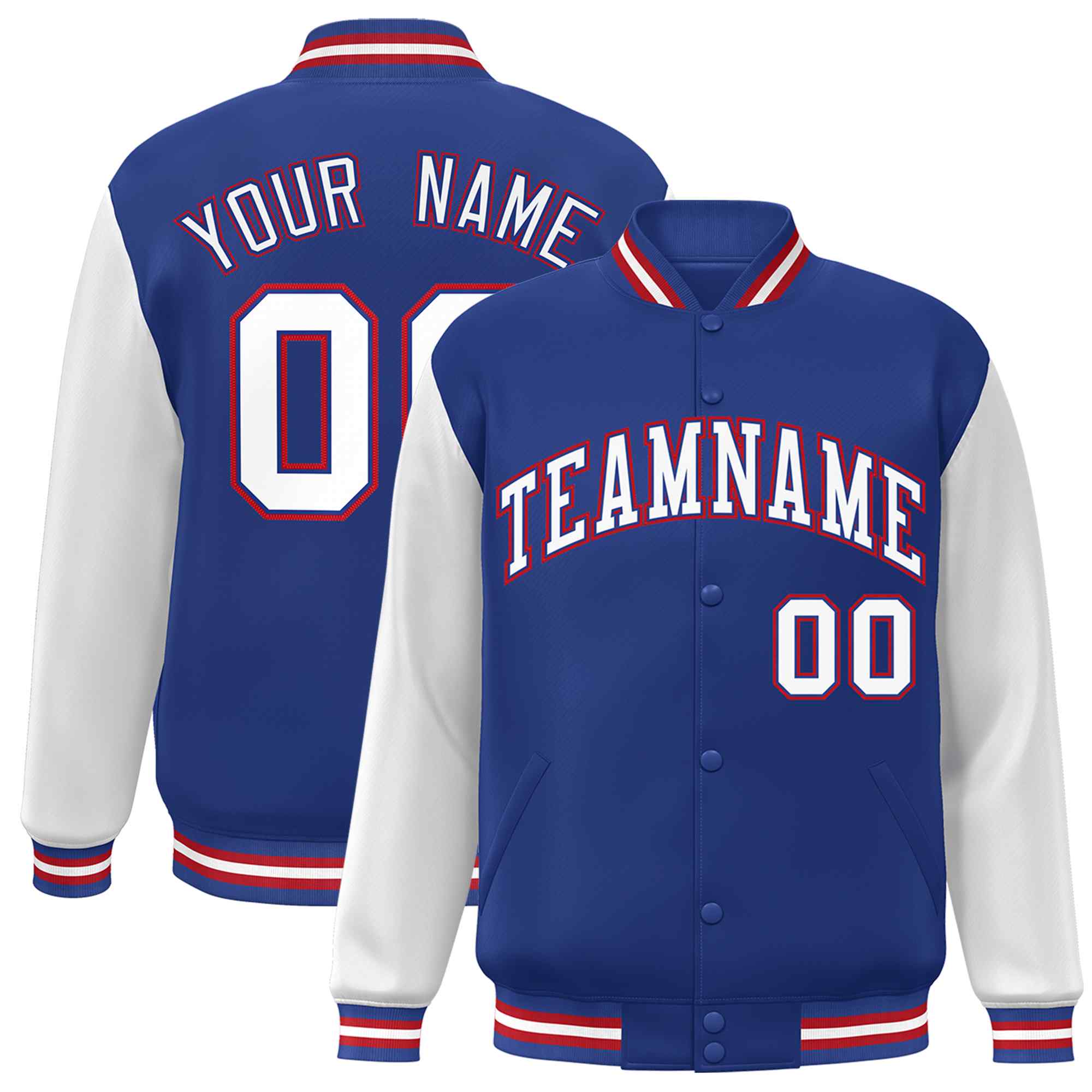 Custom Royal White-Royal Raglan Sleeves Varsity Full-Snap Letterman Jacket